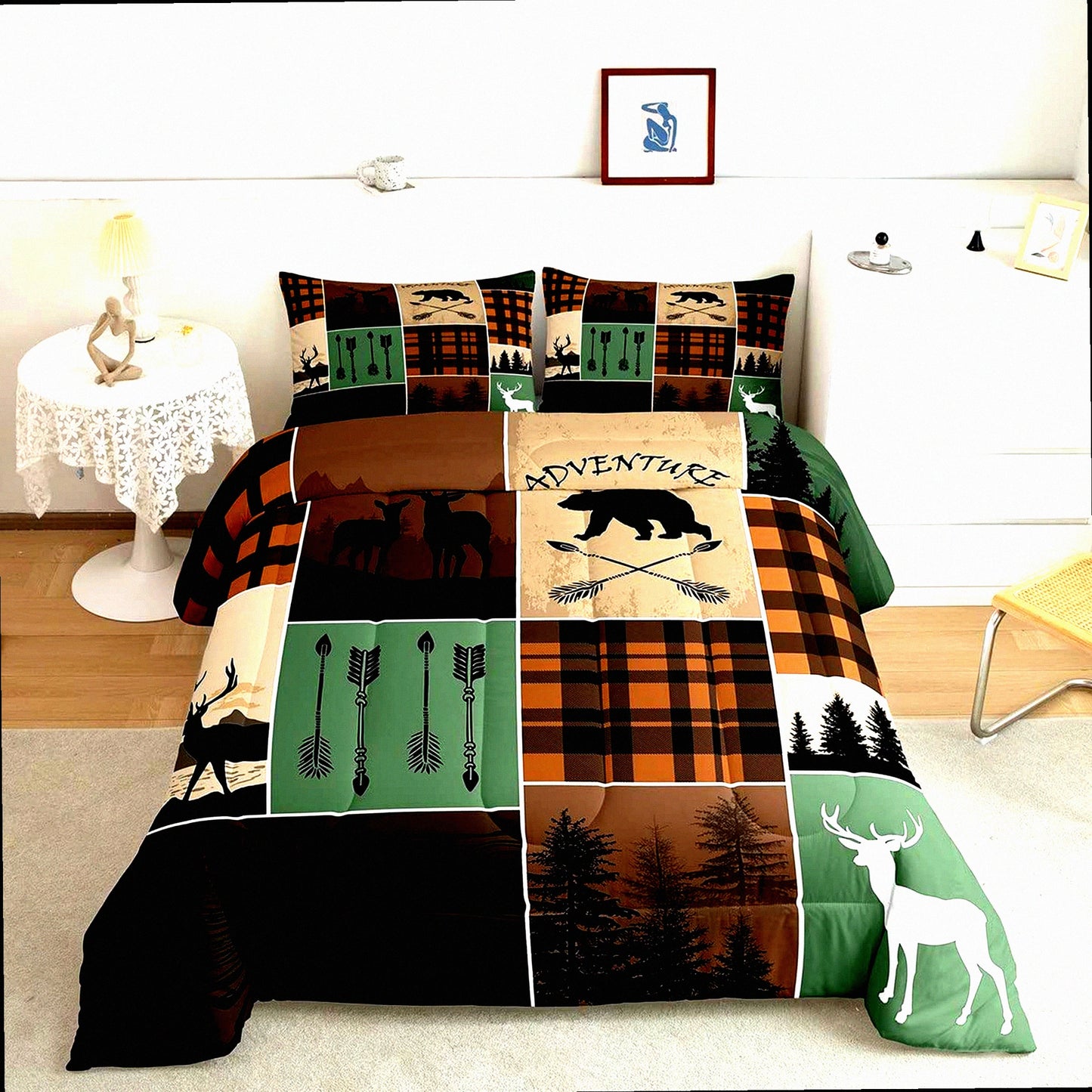 Wilderness Adventure Quilt Set - Full Size Rustic Farmhouse Comforter with Bear, Deer, and Plaid Patchwork Design - Includes 2 Pillow Cases in Brown and Green