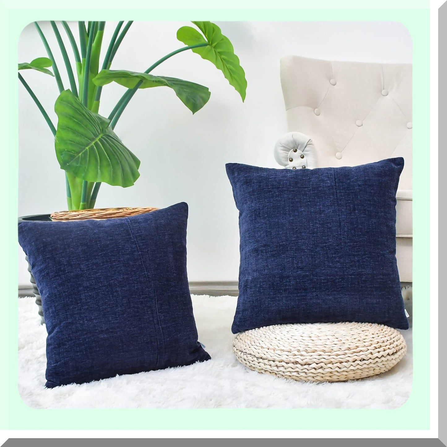Navy Blue Chenille Cozy Throw Pillow Covers - Set of 2 | Soft Sofa Home Decoration Cases 18x18 Inches | Solid Dyed Cushion Covers for Couch