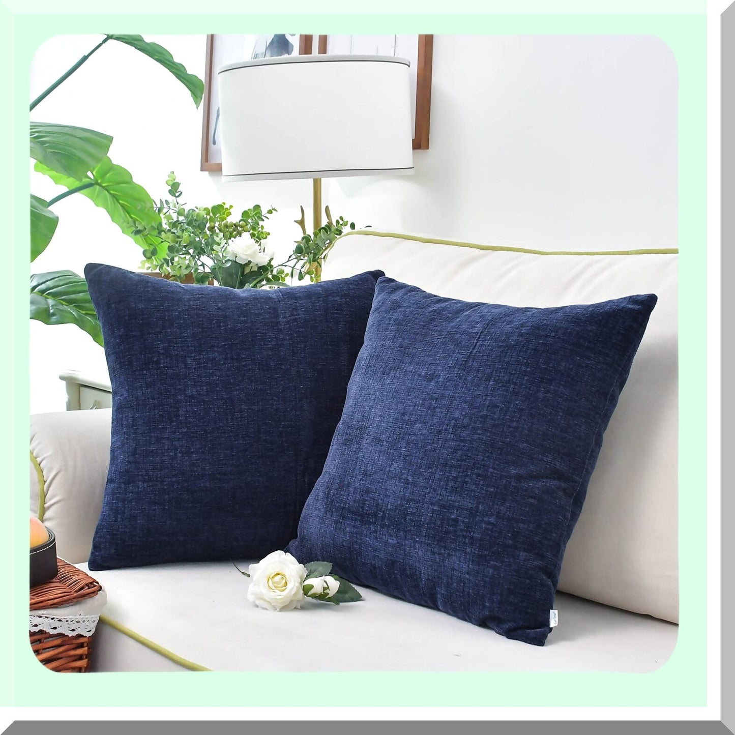 Navy Blue Chenille Cozy Throw Pillow Covers - Set of 2 | Soft Sofa Home Decoration Cases 18x18 Inches | Solid Dyed Cushion Covers for Couch