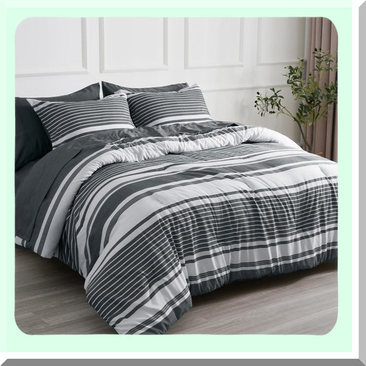 California Dreaming Charcoal Grey White Striped Bedding Set - 7 Piece Comforter Set with Sheets, Pillow Shams, Flat Sheet, Fitted Sheet, Pillowcases - Fits up to 18 Inches