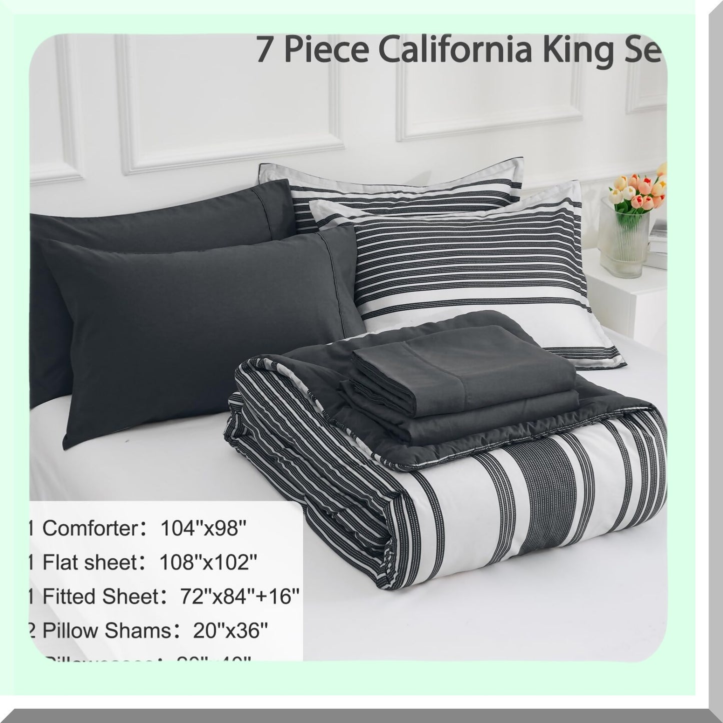 California Dreaming Charcoal Grey White Striped Bedding Set - 7 Piece Comforter Set with Sheets, Pillow Shams, Flat Sheet, Fitted Sheet, Pillowcases - Fits up to 18 Inches