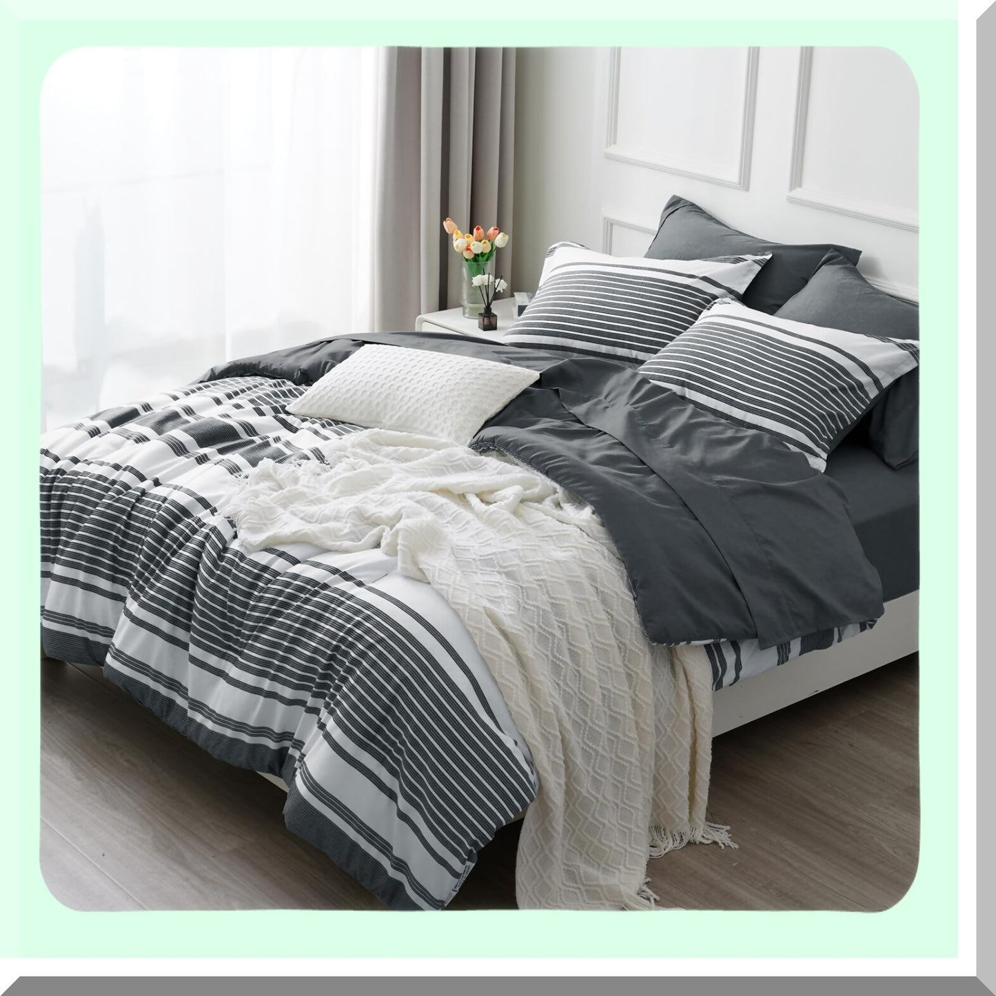 California Dreaming Charcoal Grey White Striped Bedding Set - 7 Piece Comforter Set with Sheets, Pillow Shams, Flat Sheet, Fitted Sheet, Pillowcases - Fits up to 18 Inches