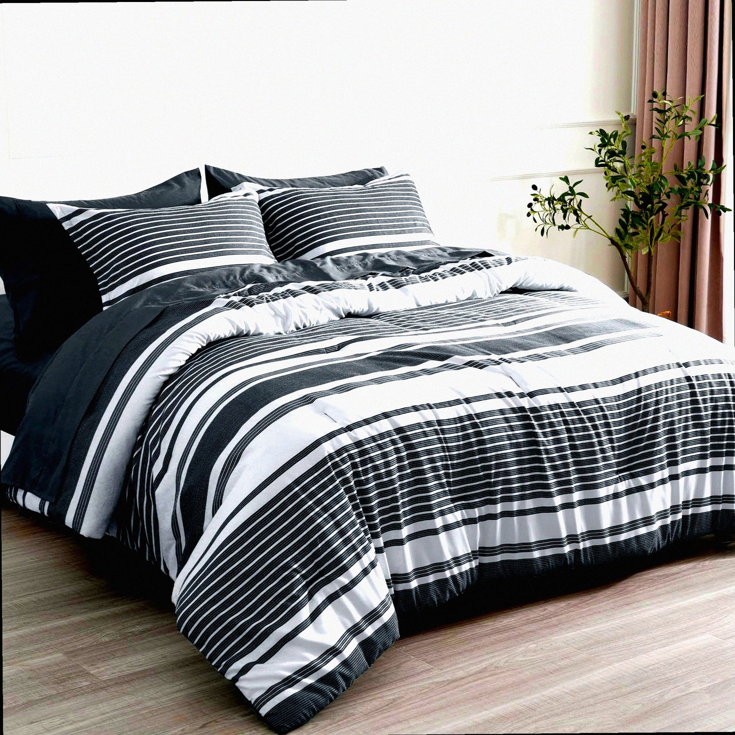 California Dreaming Charcoal Grey White Striped Bedding Set - 7 Piece Comforter Set with Sheets, Pillow Shams, Flat Sheet, Fitted Sheet, Pillowcases - Fits up to 18 Inches