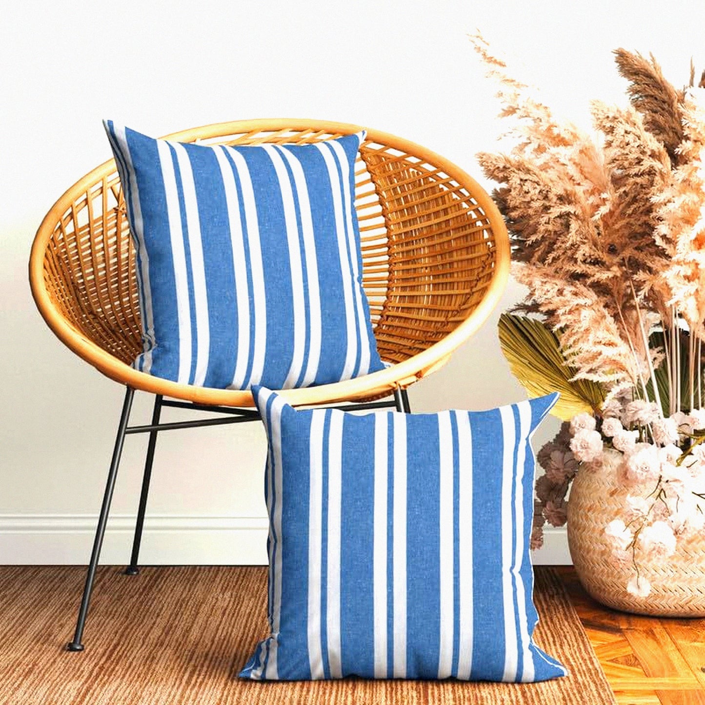 Blue Stripes Farmhouse Decor Pillow Covers - Set of 2 18x18 - Thanksgiving Cushion Shams - Franca Fall Home Decor - No Insert - Pack of 2