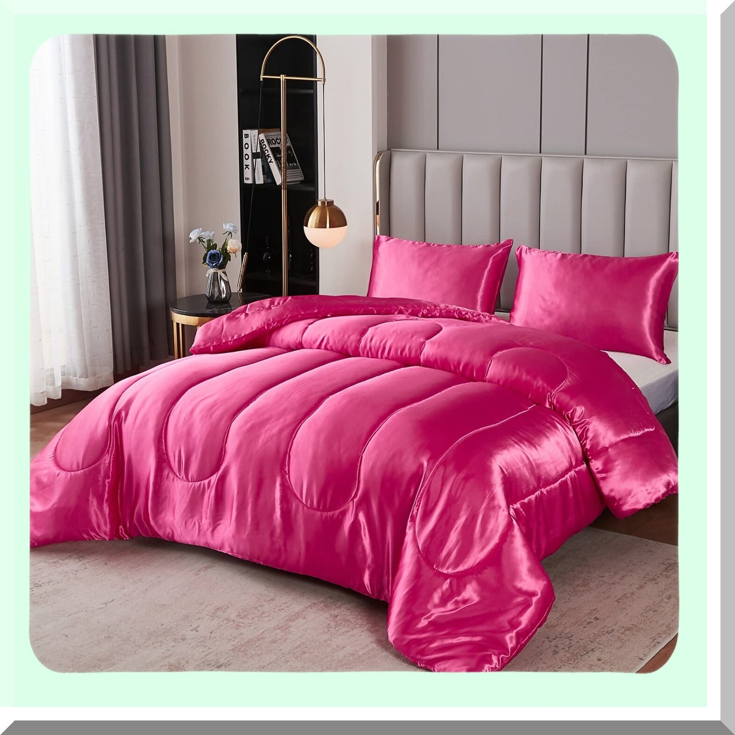 Luxury Silk Comfort Queen Set - Hot Pink Silky Bedding with Alternative Down Filling for Ultimate Comfort. Includes 1 Comforter and 2 Pillowcases.