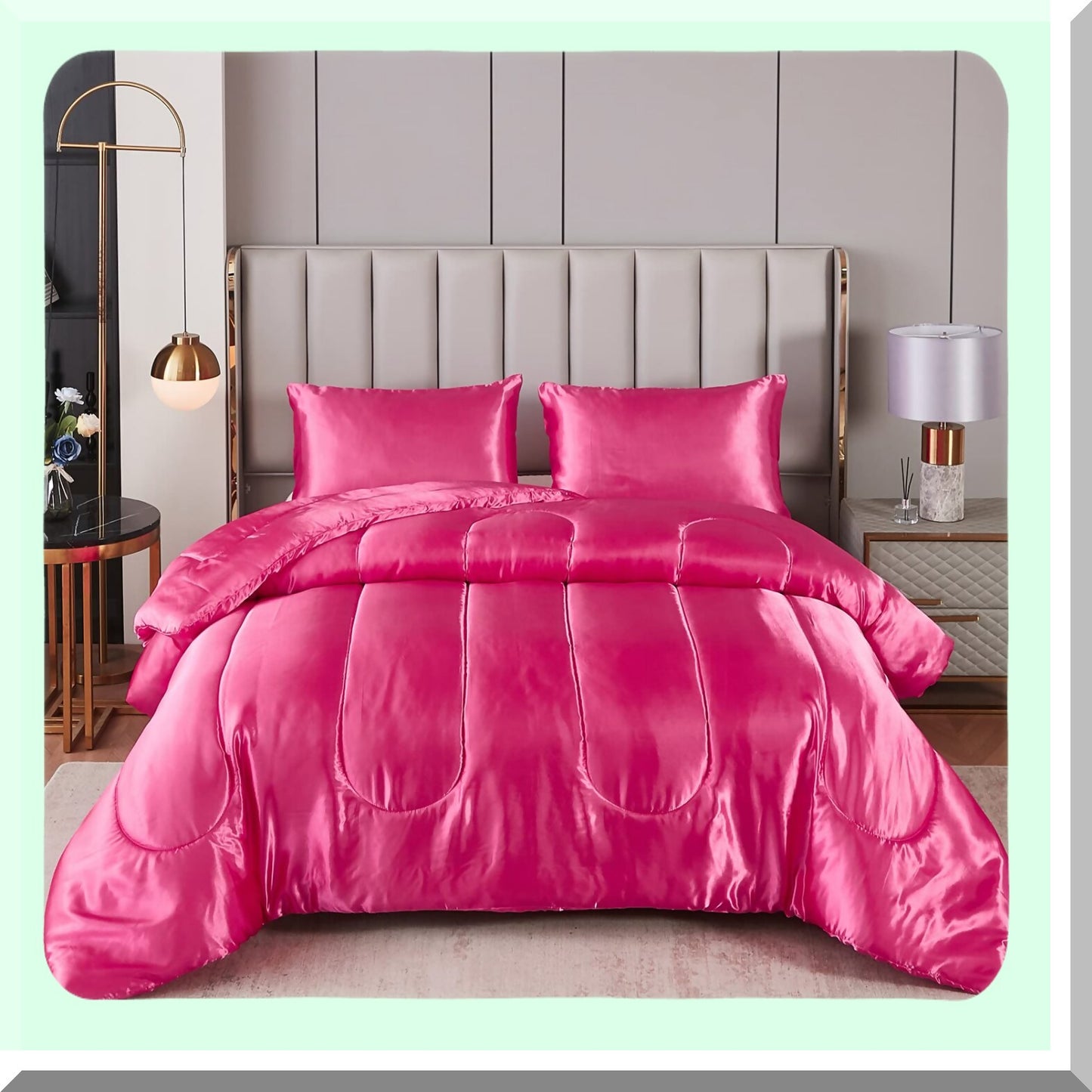 Luxury Silk Comfort Queen Set - Hot Pink Silky Bedding with Alternative Down Filling for Ultimate Comfort. Includes 1 Comforter and 2 Pillowcases.