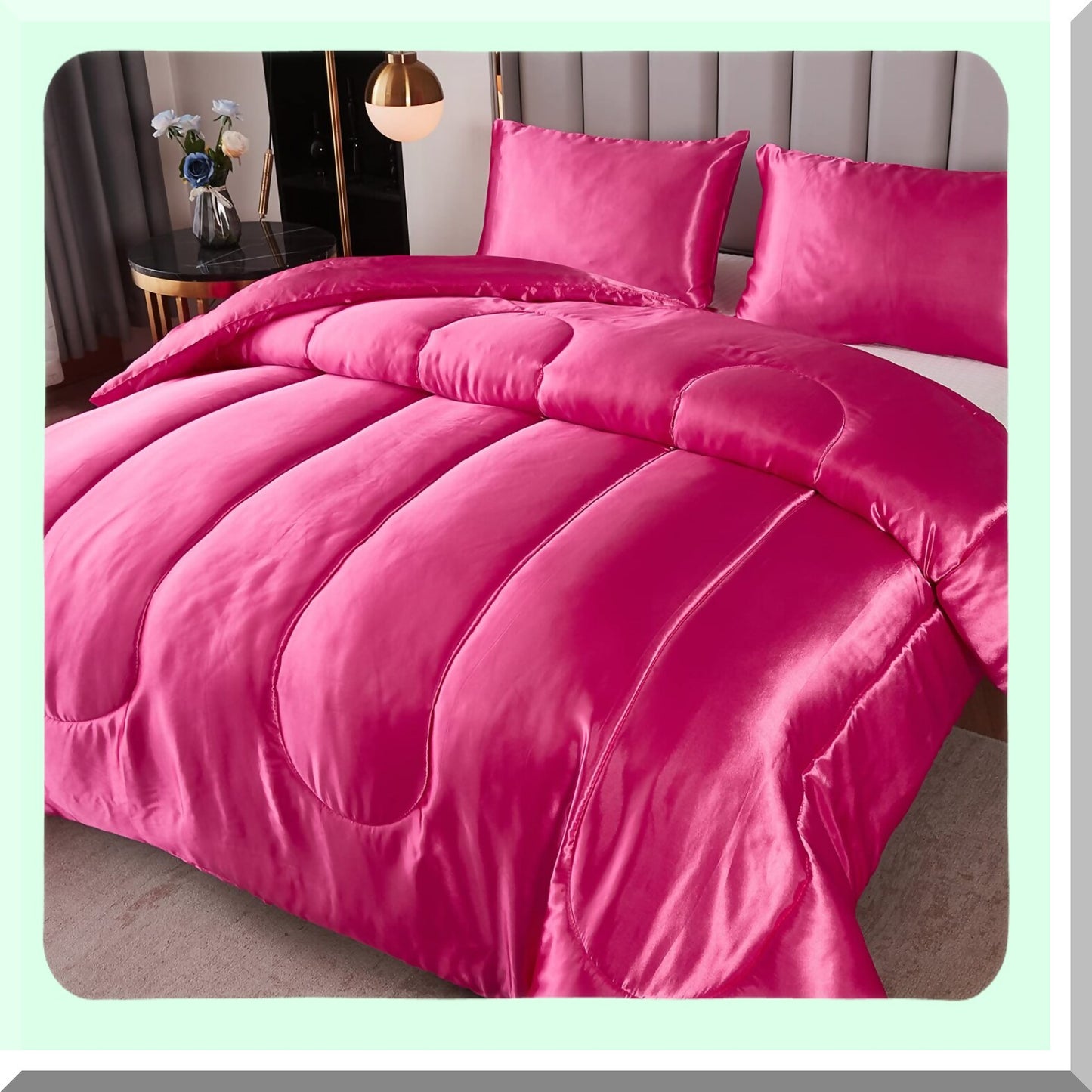 Luxury Silk Comfort Queen Set - Hot Pink Silky Bedding with Alternative Down Filling for Ultimate Comfort. Includes 1 Comforter and 2 Pillowcases.