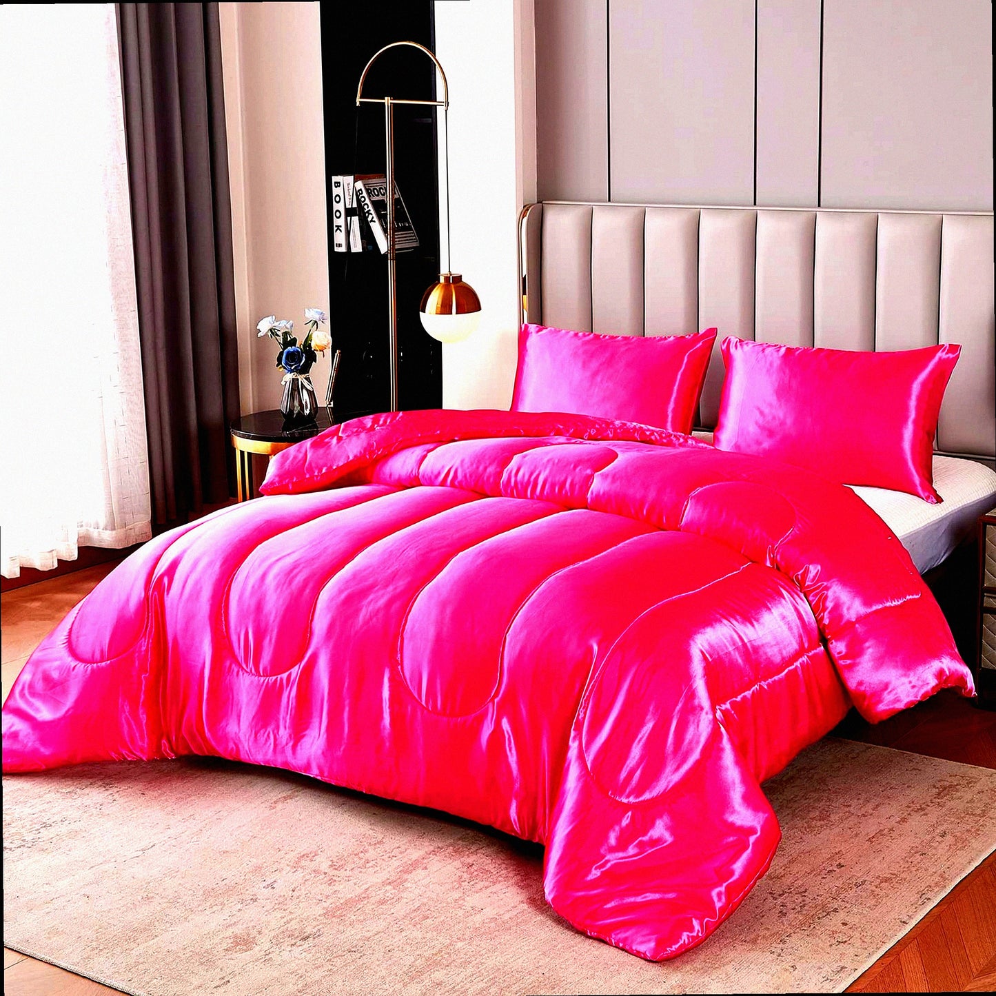 Luxury Silk Comfort Queen Set - Hot Pink Silky Bedding with Alternative Down Filling for Ultimate Comfort. Includes 1 Comforter and 2 Pillowcases.