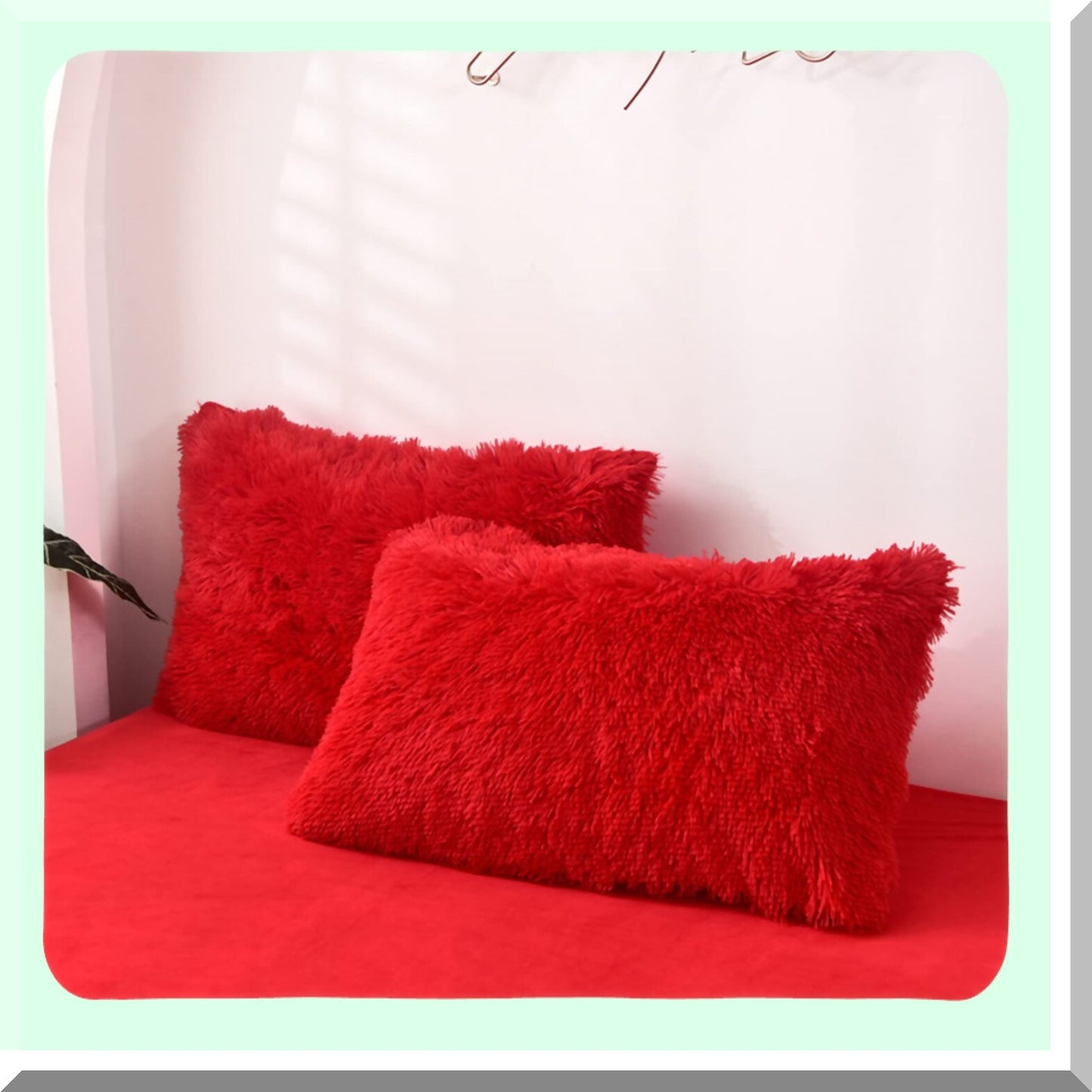 Luxury Shaggy Red Pillowcase Set - 2 Pack Standard Size Decorative Cushion Covers with Zipper Closure for Couch, Sofa, Bed - Home Decor Shams