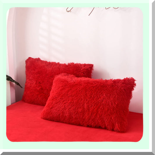 Luxury Shaggy Red Pillowcase Set - 2 Pack Standard Size Decorative Cushion Covers with Zipper Closure for Couch, Sofa, Bed - Home Decor Shams