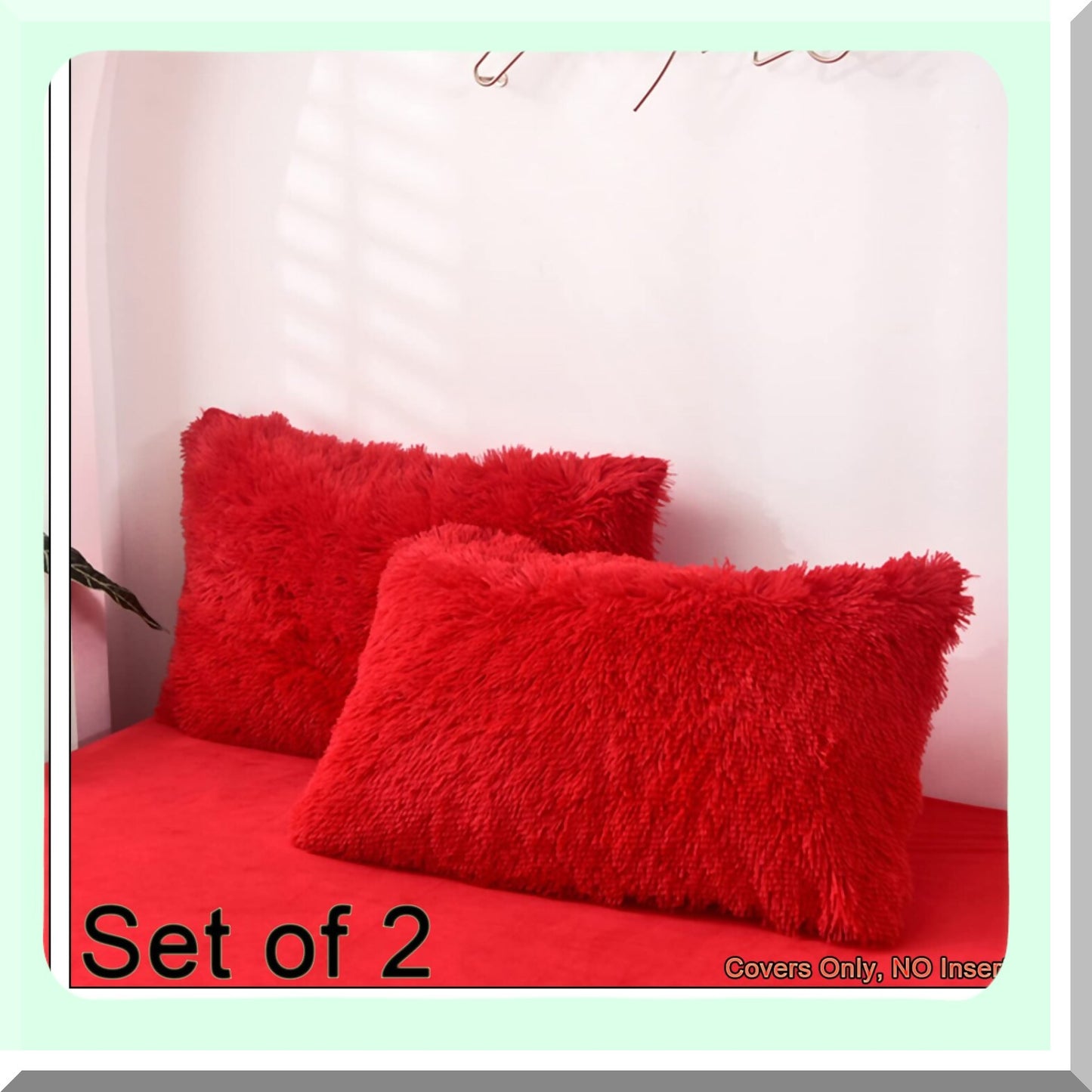 Luxury Shaggy Red Pillowcase Set - 2 Pack Standard Size Decorative Cushion Covers with Zipper Closure for Couch, Sofa, Bed - Home Decor Shams