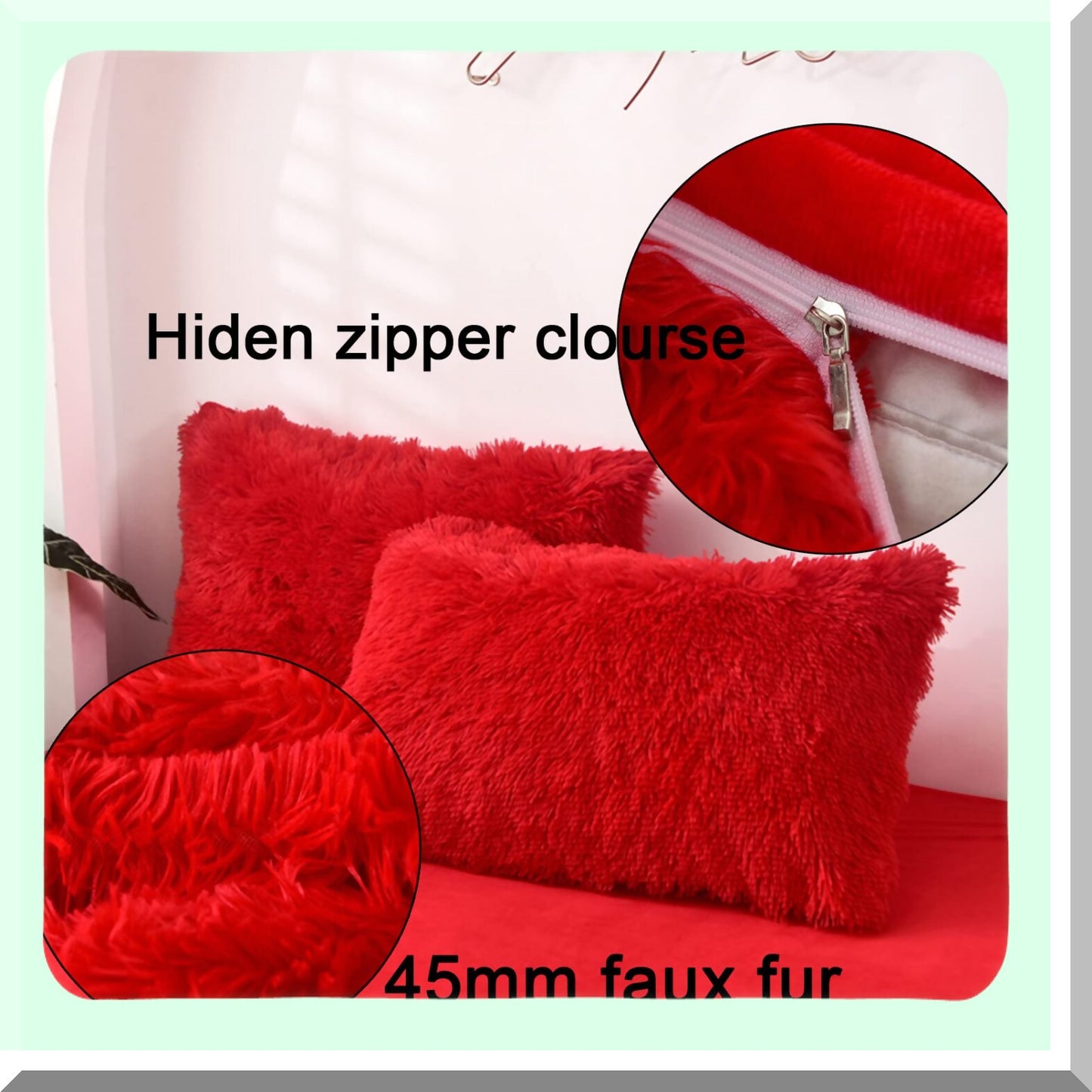 Luxury Shaggy Red Pillowcase Set - 2 Pack Standard Size Decorative Cushion Covers with Zipper Closure for Couch, Sofa, Bed - Home Decor Shams