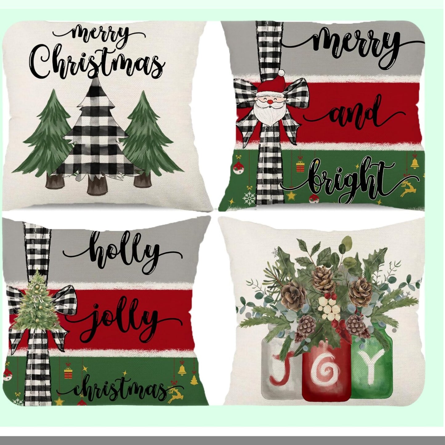 Winter Wonderland Pillow Covers - Set of 4 Merry Bright Rustic Holly Jolly Tree Holiday Throw Pillowcases - Farmhouse Decor - 18x18 Inch