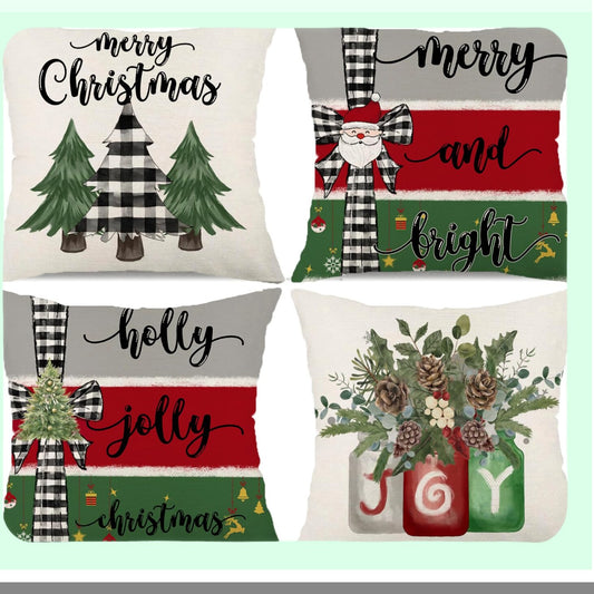 Winter Wonderland Pillow Covers - Set of 4 Merry Bright Rustic Holly Jolly Tree Holiday Throw Pillowcases - Farmhouse Decor - 18x18 Inch