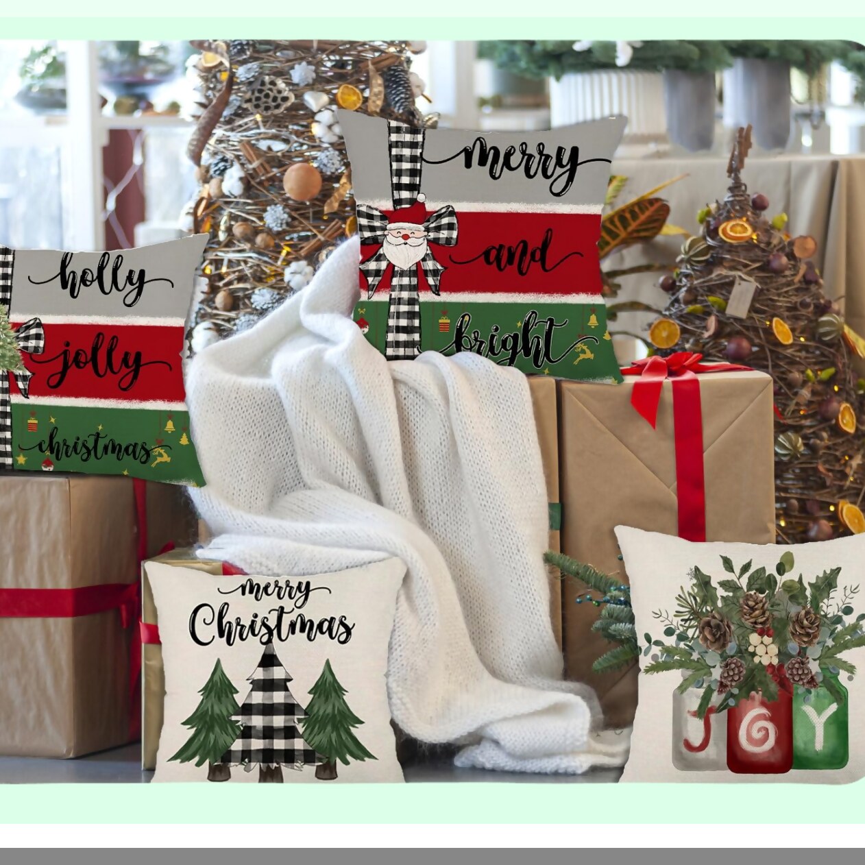 Winter Wonderland Pillow Covers - Set of 4 Merry Bright Rustic Holly Jolly Tree Holiday Throw Pillowcases - Farmhouse Decor - 18x18 Inch