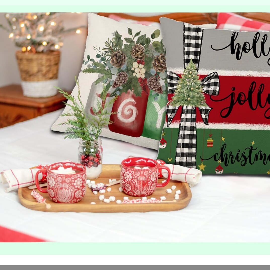 Winter Wonderland Pillow Covers - Set of 4 Merry Bright Rustic Holly Jolly Tree Holiday Throw Pillowcases - Farmhouse Decor - 18x18 Inch