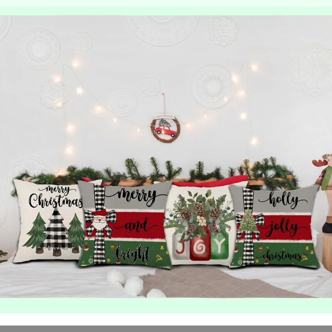 Winter Wonderland Pillow Covers - Set of 4 Merry Bright Rustic Holly Jolly Tree Holiday Throw Pillowcases - Farmhouse Decor - 18x18 Inch