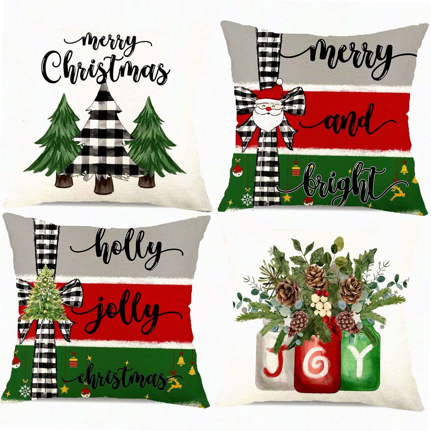 Winter Wonderland Pillow Covers - Set of 4 Merry Bright Rustic Holly Jolly Tree Holiday Throw Pillowcases - Farmhouse Decor - 18x18 Inch