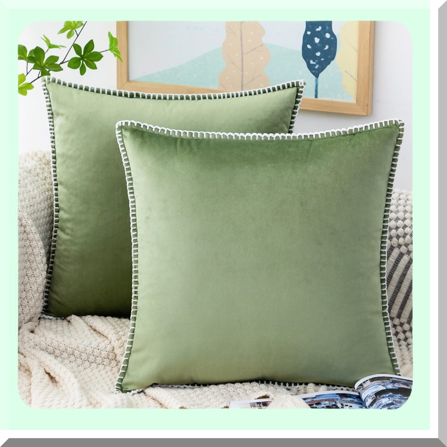 Velvet Farmhouse Square Pillow Covers - Set of 2, Soft Cushion Cover for Sofa Couch, Living Room, Bedroom - Sage Green Decorative Throw Pillowcase 18" x 18"