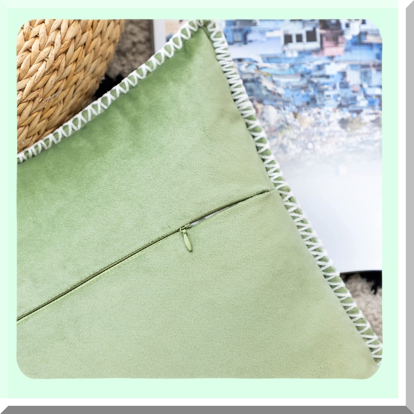 Velvet Farmhouse Square Pillow Covers - Set of 2, Soft Cushion Cover for Sofa Couch, Living Room, Bedroom - Sage Green Decorative Throw Pillowcase 18" x 18"