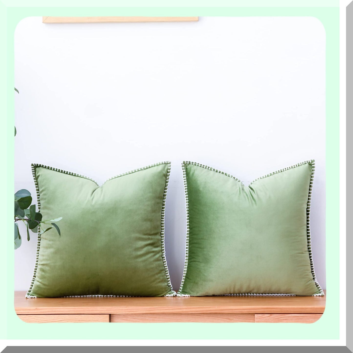 Velvet Farmhouse Square Pillow Covers - Set of 2, Soft Cushion Cover for Sofa Couch, Living Room, Bedroom - Sage Green Decorative Throw Pillowcase 18" x 18"