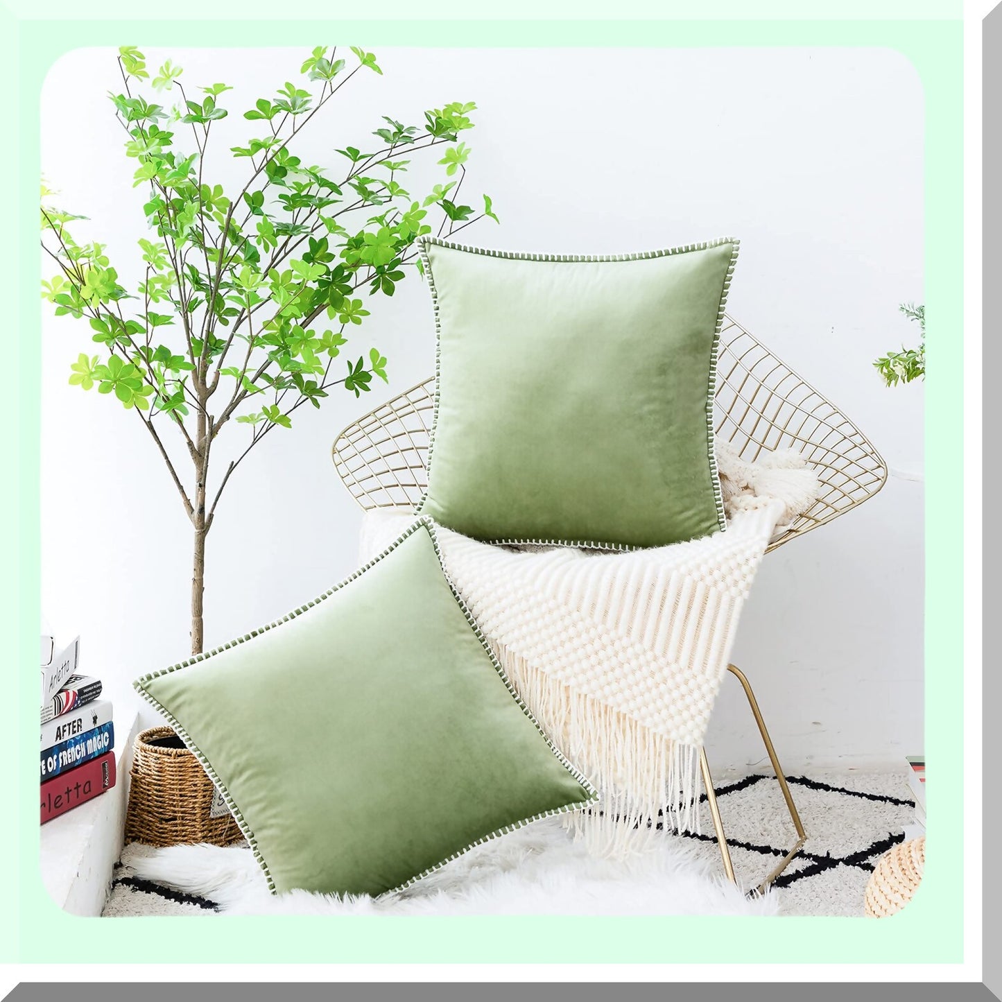 Velvet Farmhouse Square Pillow Covers - Set of 2, Soft Cushion Cover for Sofa Couch, Living Room, Bedroom - Sage Green Decorative Throw Pillowcase 18" x 18"