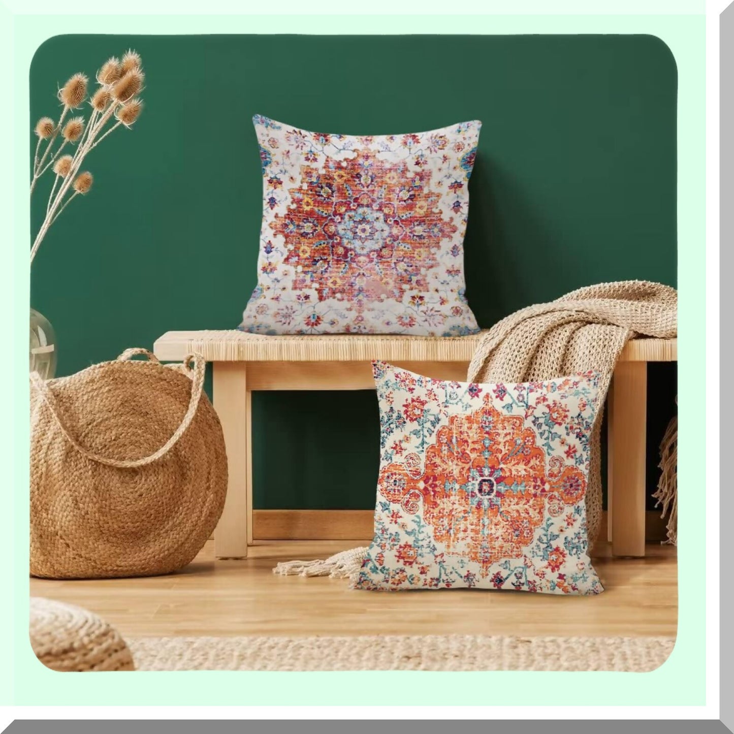 Rustic Farmhouse Boho Orange Pillow Covers - Set of 2 Decorative Cushion Cases for Living Room & Bedroom - Vintage Spring Home Decor 24x24