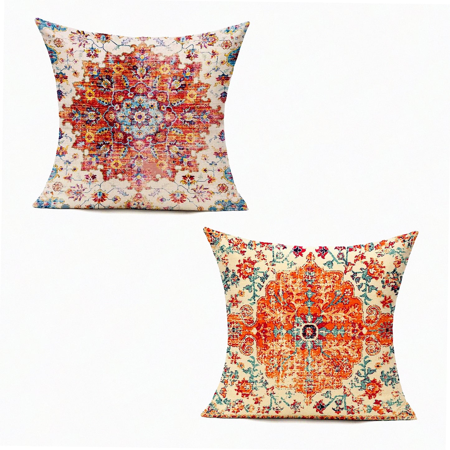 Rustic Farmhouse Boho Orange Pillow Covers - Set of 2 Decorative Cushion Cases for Living Room & Bedroom - Vintage Spring Home Decor 24x24