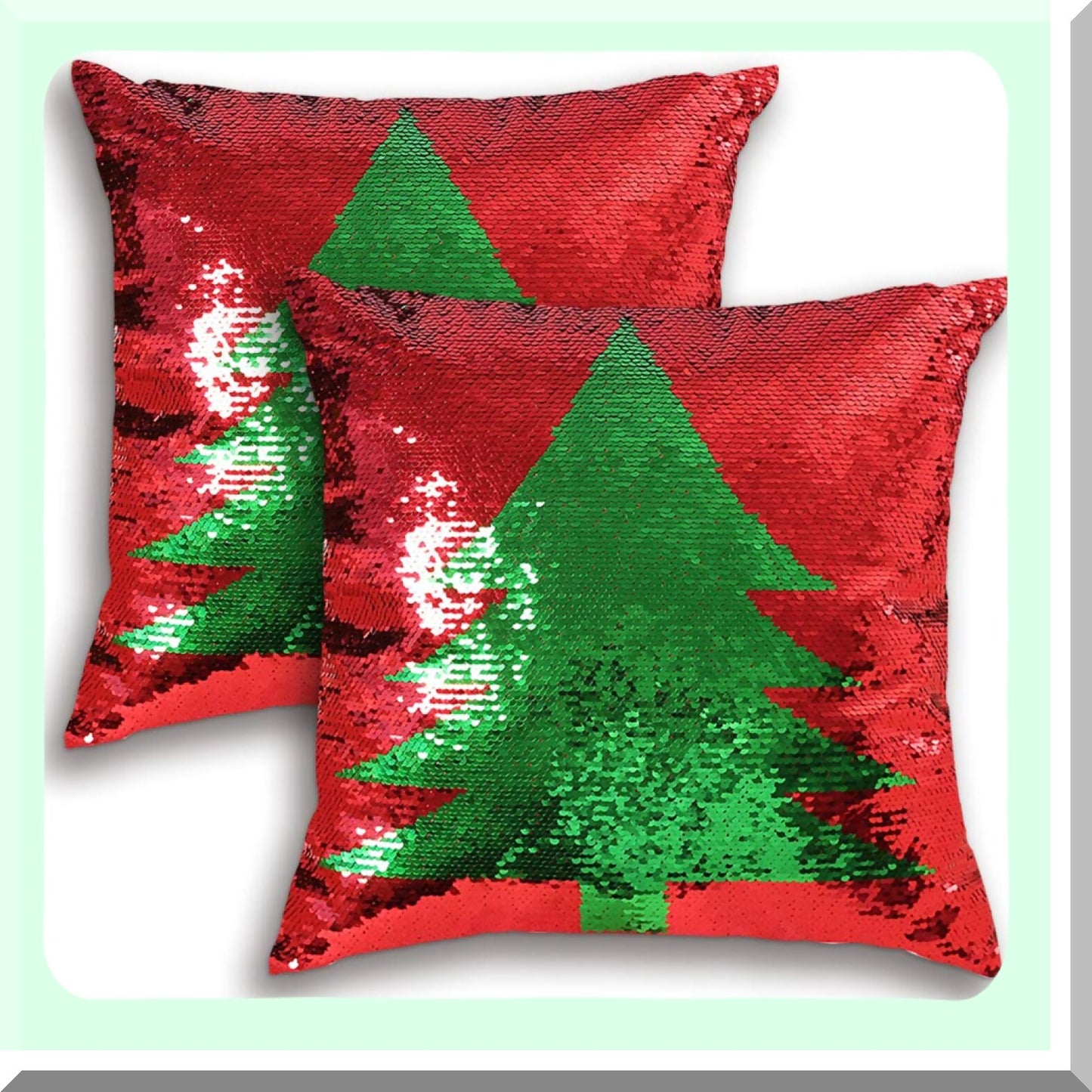 Mermaid Magic Reversible Sequin Pillowcase Set - Red Decorative Throw Pillow Covers 18x18 Inch - Sparkling Sequins Cushion Cover Set of 2 - Red Tree