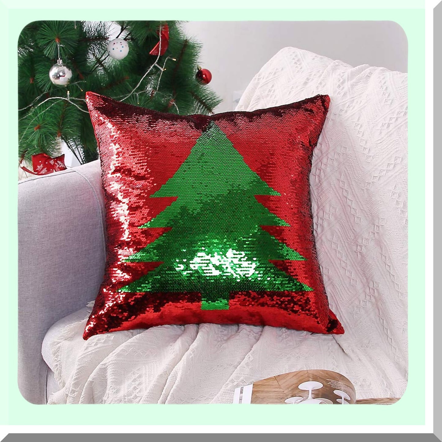 Mermaid Magic Reversible Sequin Pillowcase Set - Red Decorative Throw Pillow Covers 18x18 Inch - Sparkling Sequins Cushion Cover Set of 2 - Red Tree