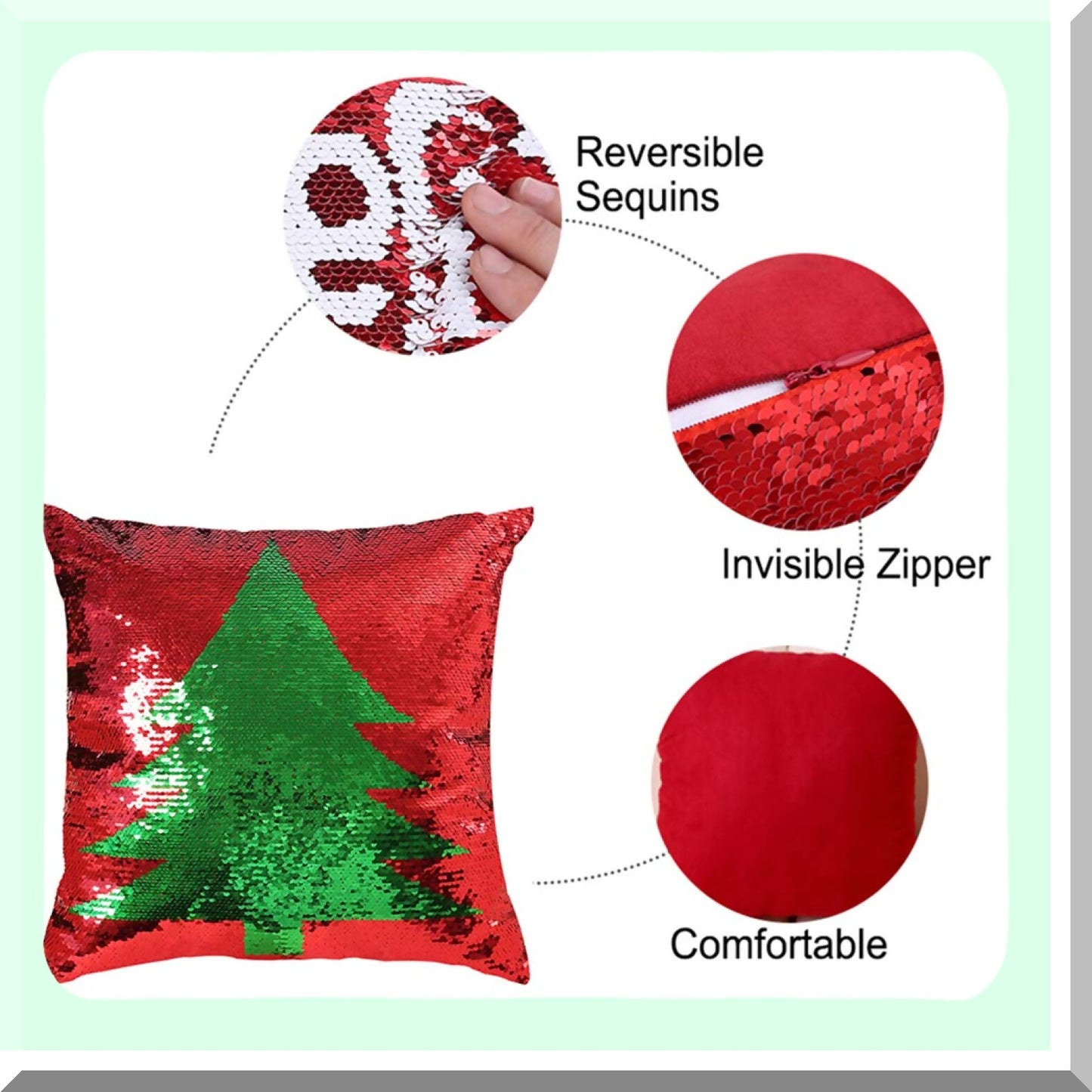 Mermaid Magic Reversible Sequin Pillowcase Set - Red Decorative Throw Pillow Covers 18x18 Inch - Sparkling Sequins Cushion Cover Set of 2 - Red Tree