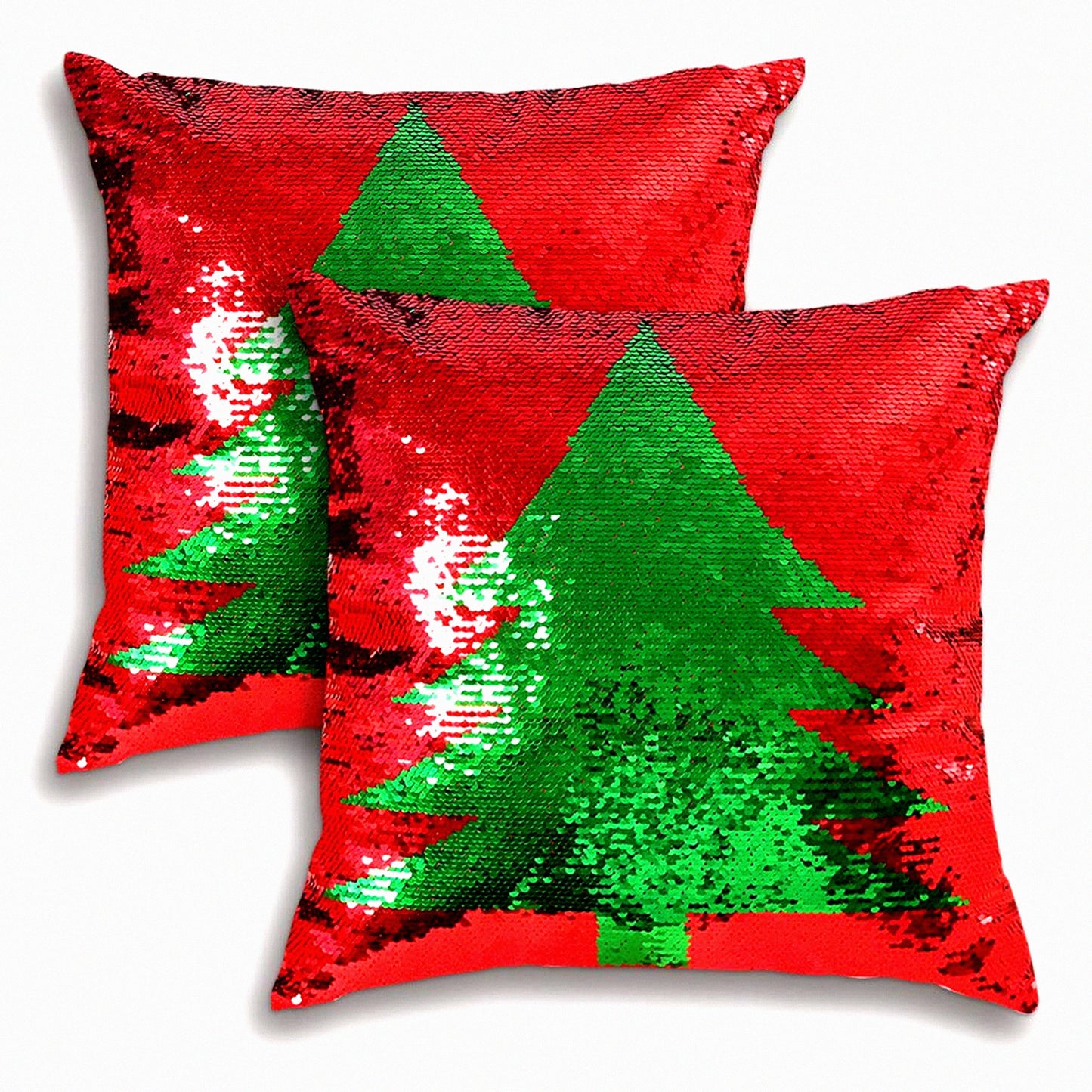 Mermaid Magic Reversible Sequin Pillowcase Set - Red Decorative Throw Pillow Covers 18x18 Inch - Sparkling Sequins Cushion Cover Set of 2 - Red Tree