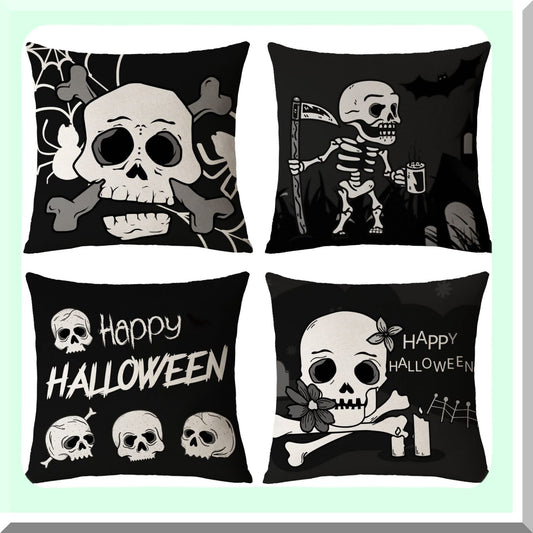 Spooky Skeleton Ghost Pillow Covers Set - Black Decorative Throw Pillows - 18x18 Cushion Covers for Home Decorations - Outdoor Sofa Couch - Pack of 4