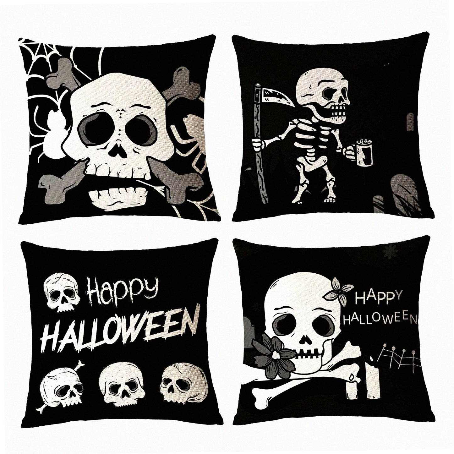 Spooky Skeleton Ghost Pillow Covers Set - Black Decorative Throw Pillows - 18x18 Cushion Covers for Home Decorations - Outdoor Sofa Couch - Pack of 4