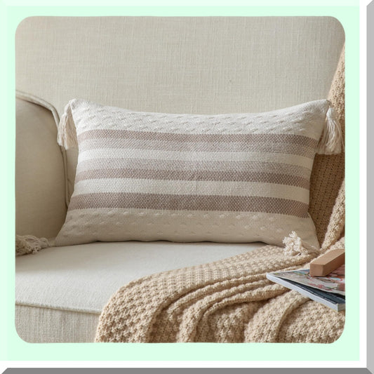 Neutral Farmhouse Lumbar Pillow Cover - Boho Decorative Cushion for Sofa, Bed, Living Room - Beige Taupe Line Throw Pillow Case 12x20 - Outdoor Indoor Home Decor Accent - Pack of 1