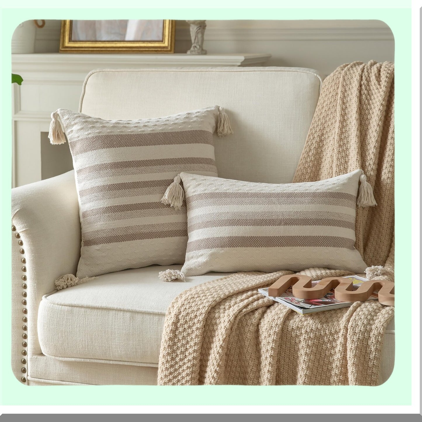 Neutral Farmhouse Lumbar Pillow Cover - Boho Decorative Cushion for Sofa, Bed, Living Room - Beige Taupe Line Throw Pillow Case 12x20 - Outdoor Indoor Home Decor Accent - Pack of 1