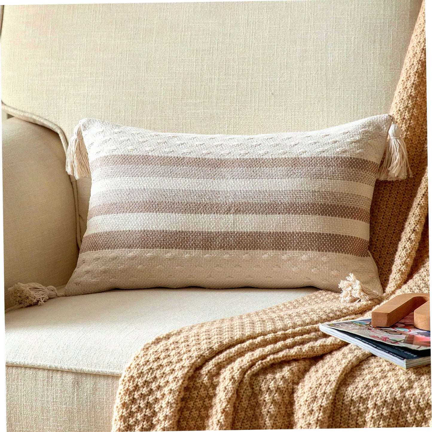 Neutral Farmhouse Lumbar Pillow Cover - Boho Decorative Cushion for Sofa, Bed, Living Room - Beige Taupe Line Throw Pillow Case 12x20 - Outdoor Indoor Home Decor Accent - Pack of 1