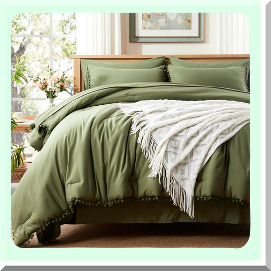 Boho Olive Green Pom Pom Comforter Set - 5 Piece Bed in a Bag with Sheets - Twin Size Bedding Set - Includes Comforter, Sham, Pillowcase, Flat Sheet, Fitted Sheet