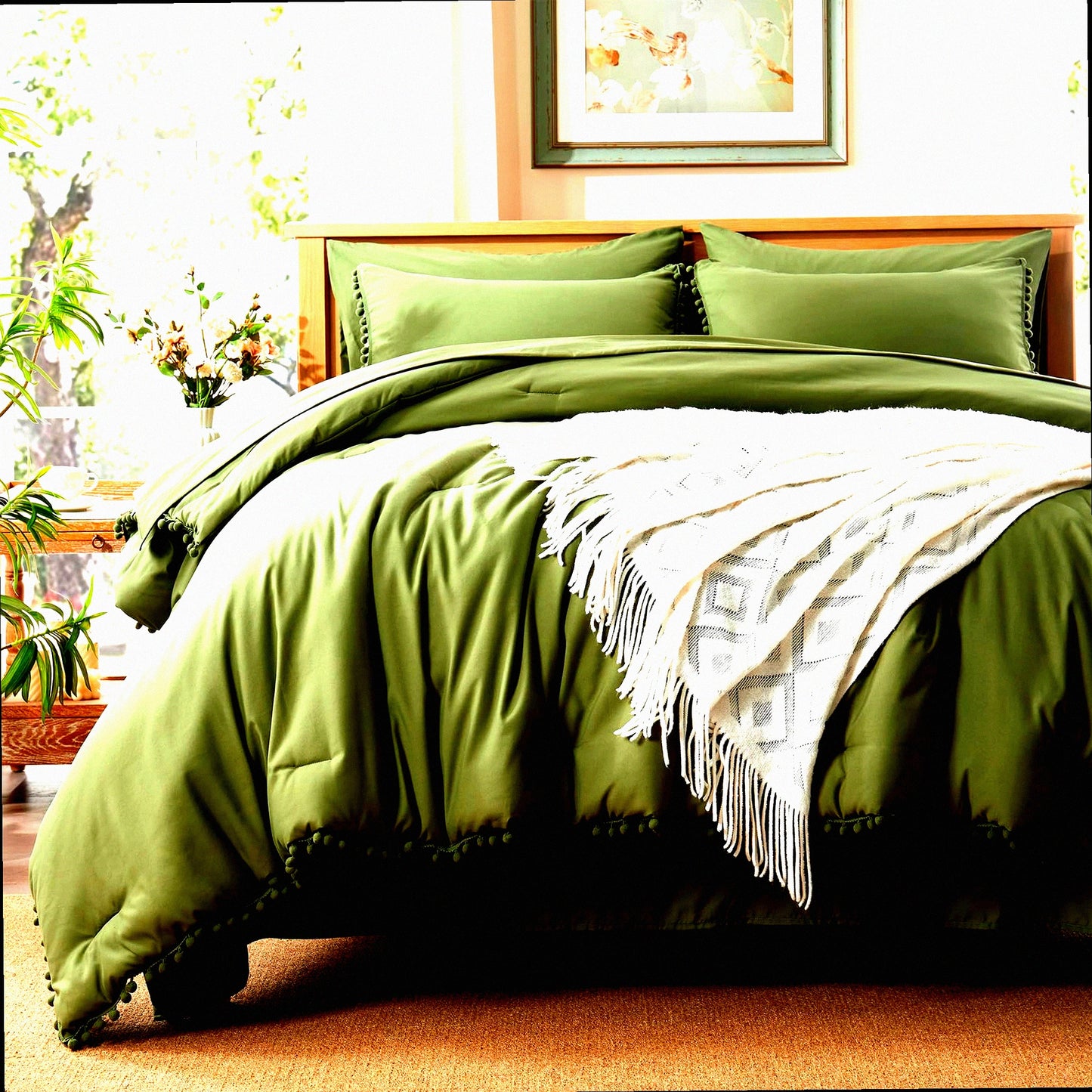 Boho Olive Green Pom Pom Comforter Set - 5 Piece Bed in a Bag with Sheets - Twin Size Bedding Set - Includes Comforter, Sham, Pillowcase, Flat Sheet, Fitted Sheet