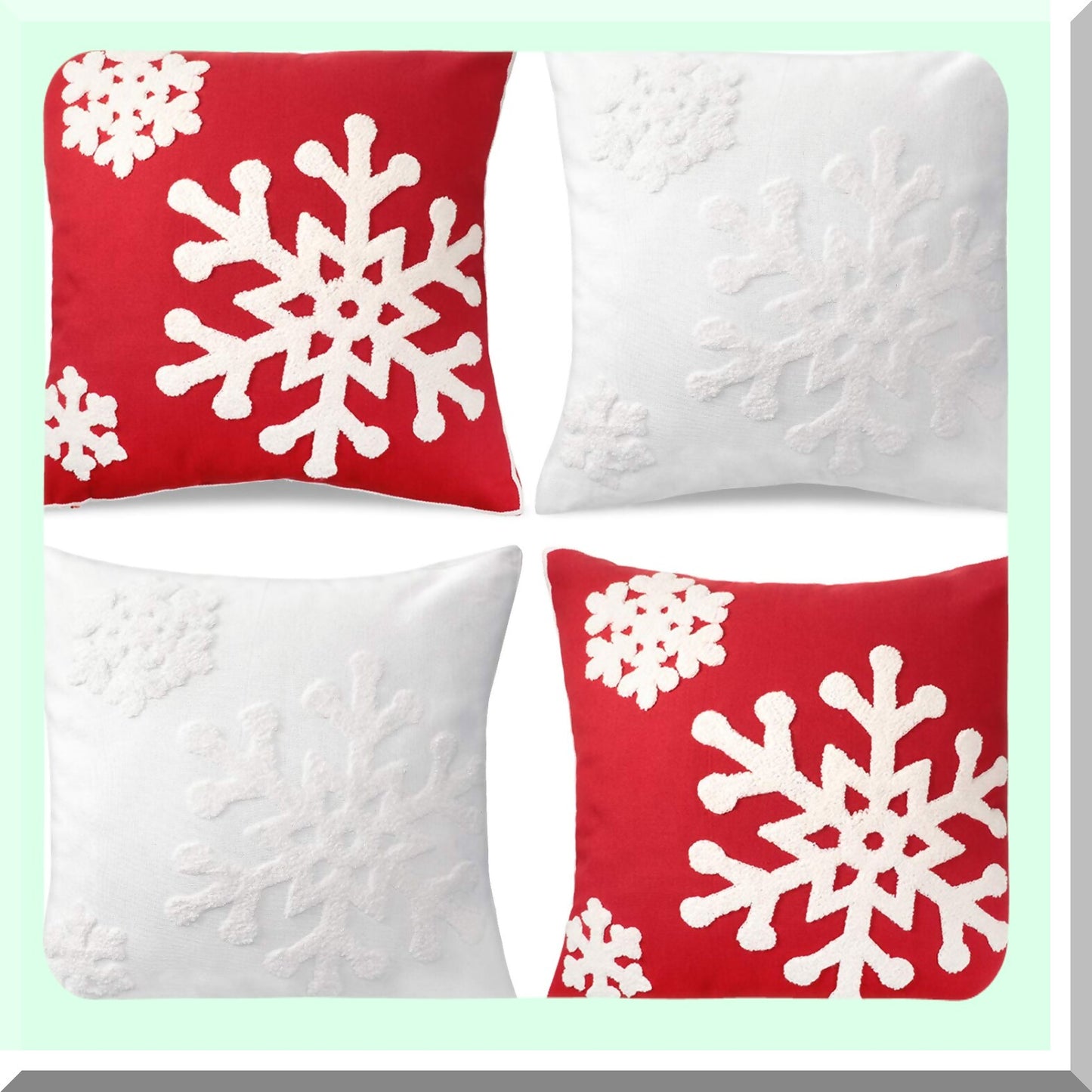Snowflake Embroidery Linen Pillowcase Set - 18x18 Inch Decorative Cushion Cover for Kids Bedding - Zippered Sofa Throw Pillow Cover - 4 Piece Snowflake Design