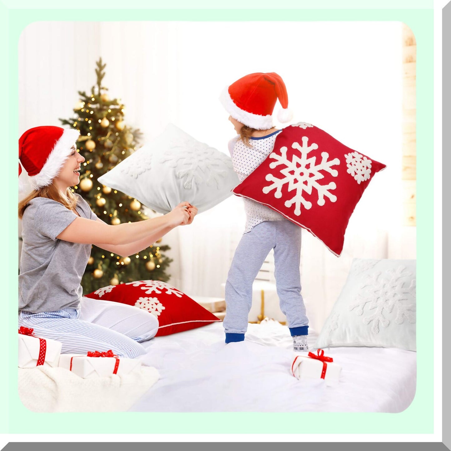 Snowflake Embroidery Linen Pillowcase Set - 18x18 Inch Decorative Cushion Cover for Kids Bedding - Zippered Sofa Throw Pillow Cover - 4 Piece Snowflake Design