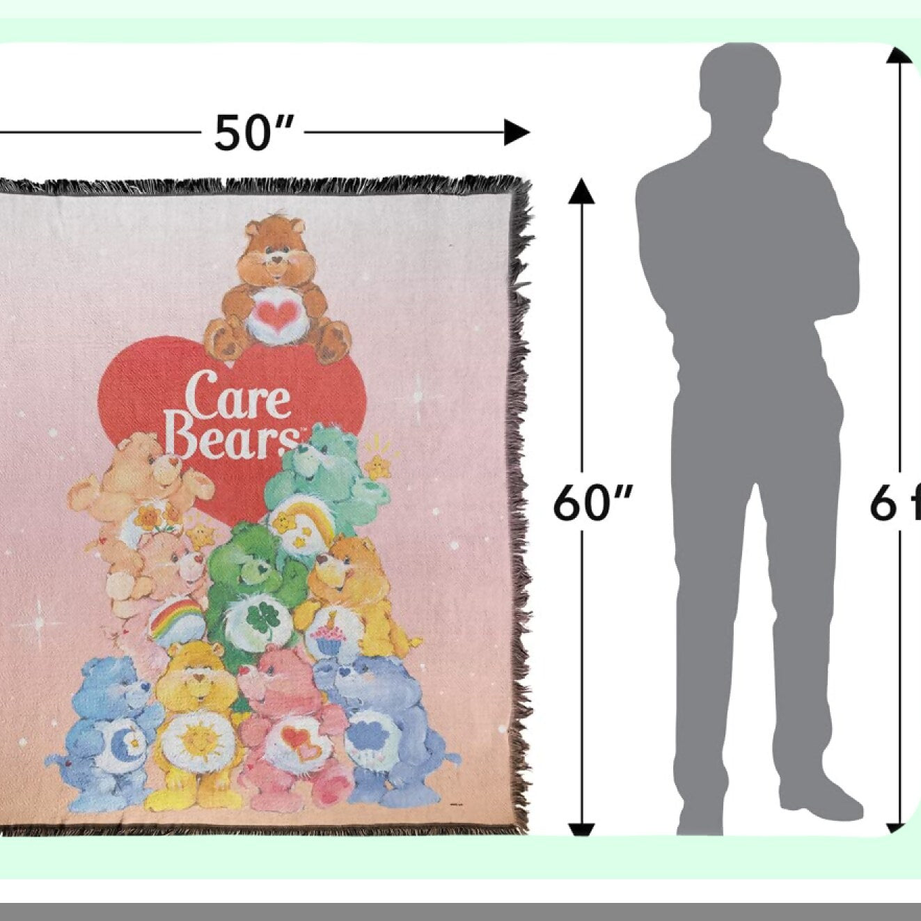Beary Cozy Cotton Blend Tapestry Throw - 50" x 60" Fringed Care Bears Blanket"