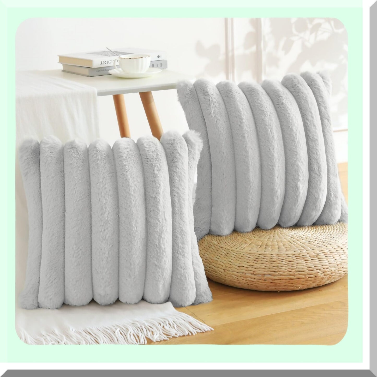 Fluffy Rabbit Velvet Pillowcase Set - Soft Plush Cozy Covers for Couch Sofa Bed Chair Home Decor - 24x24 Inch Light Grey Decorative Pillows Cover