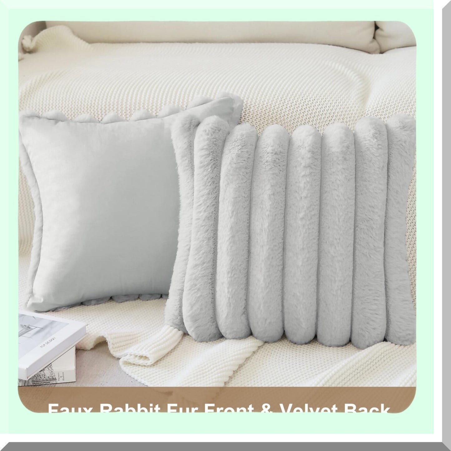 Fluffy Rabbit Velvet Pillowcase Set - Soft Plush Cozy Covers for Couch Sofa Bed Chair Home Decor - 24x24 Inch Light Grey Decorative Pillows Cover
