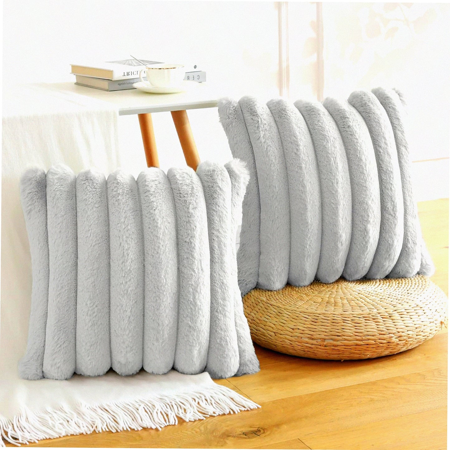 Fluffy Rabbit Velvet Pillowcase Set - Soft Plush Cozy Covers for Couch Sofa Bed Chair Home Decor - 24x24 Inch Light Grey Decorative Pillows Cover