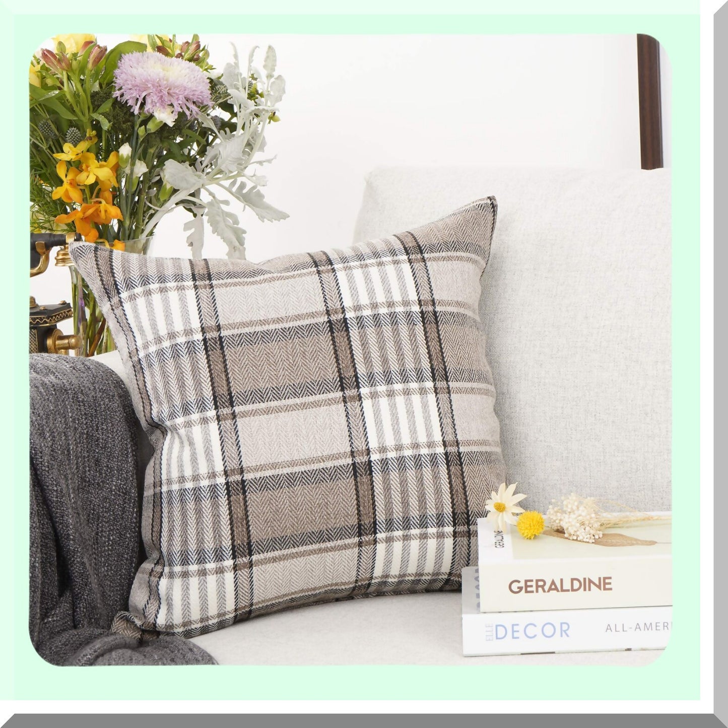 Retro Buffalo Plaid Linen Throw Pillow Cover - Farmhouse Tartan Stripe Cushion Case for Sofa, Indoor Outdoor Decor - Brown, 22''x22''