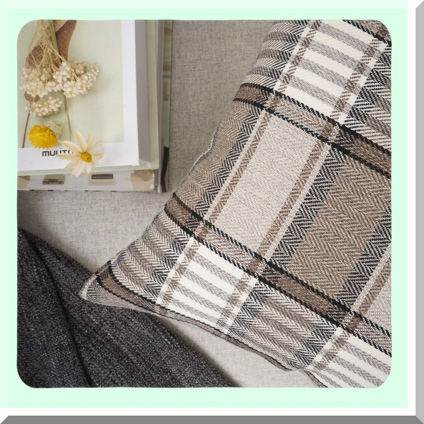 Retro Buffalo Plaid Linen Throw Pillow Cover - Farmhouse Tartan Stripe Cushion Case for Sofa, Indoor Outdoor Decor - Brown, 22''x22''