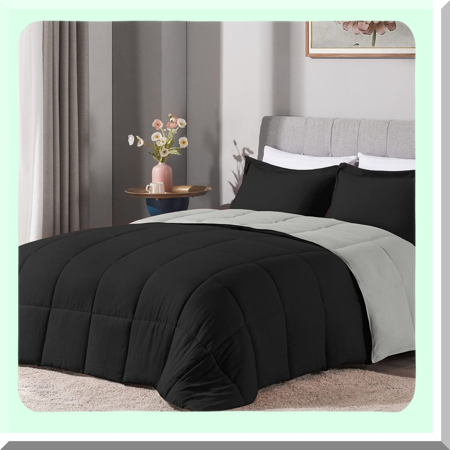 UltraSoft Twin Comforter Set - 2PCS Washed Microfiber Bedding with Reversible Down Alternative Comforter & Pillow Sham in Black/Grey - Twin Size