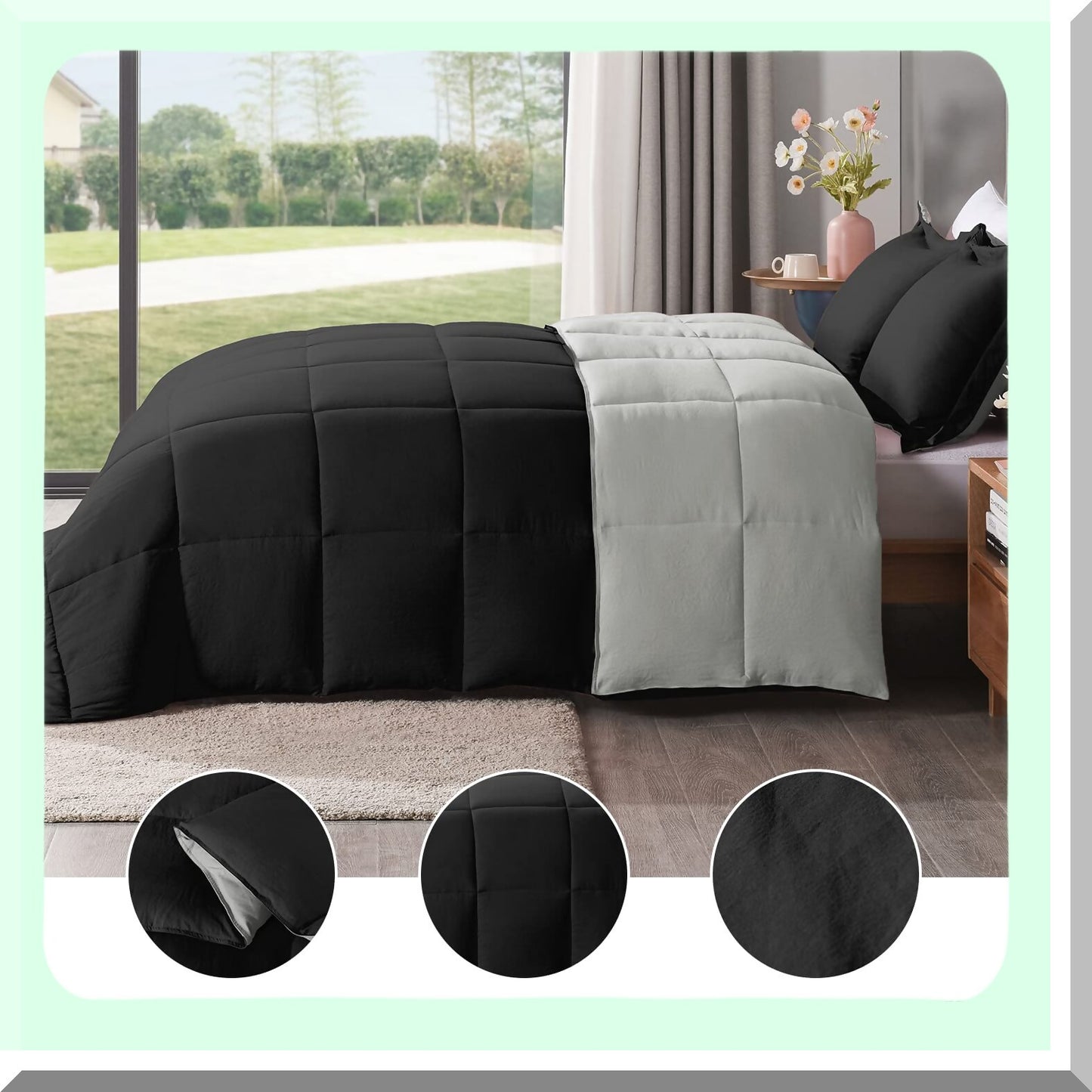 UltraSoft Twin Comforter Set - 2PCS Washed Microfiber Bedding with Reversible Down Alternative Comforter & Pillow Sham in Black/Grey - Twin Size