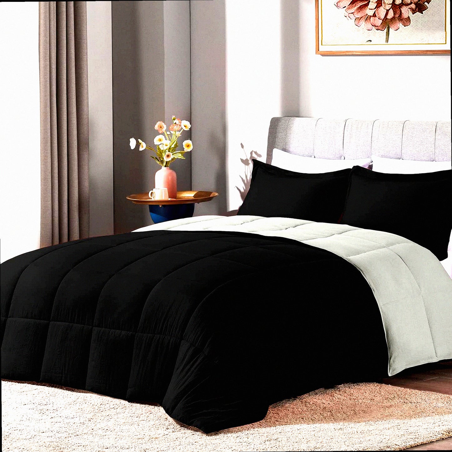 UltraSoft Twin Comforter Set - 2PCS Washed Microfiber Bedding with Reversible Down Alternative Comforter & Pillow Sham in Black/Grey - Twin Size